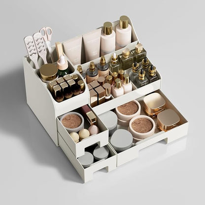 Makeup Organizer with Drawers,Large Cosmetic Storage Box,Countertop Skincare Organizer,ABS Makeup Brush Holder for Bathroom,Desk,Dresser,Multifunctional Beauty Display Case,White transparent