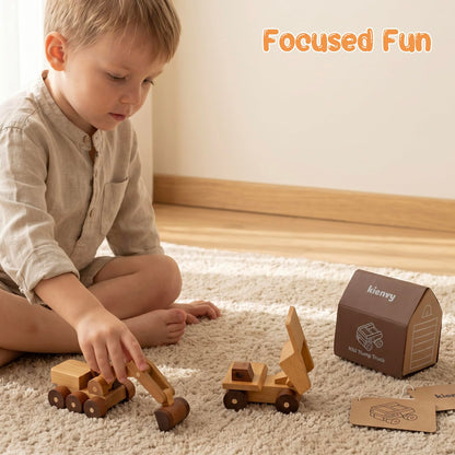 kienvy Wooden Toy Cars for 3 Year Old Boys & Girls - Construction Vehicles Set Push Toys for Toddlers, Wood Montessori Car with Rolling Wheels, Natural Wood Toys (Excavator & Dump Truck)