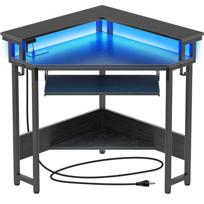 Rolanstar Corner Desk,44" W x 34" H Small Computer Desk with Power Outlets, Gaming Desk with LED Lights, Triangle Corner Table with Keyboard Tray & Monitor Stand for Small Space, Black