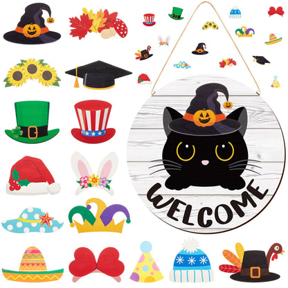 BrightRow 16 Pcs Interchangeable Welcome Sign Set for Front Door, Wooden Black Cat Welcome Sign with 15 Headwear, Farmhouse Decor for Porch, Halloween, Christmas, Housewarming Gift, Cat Lovers