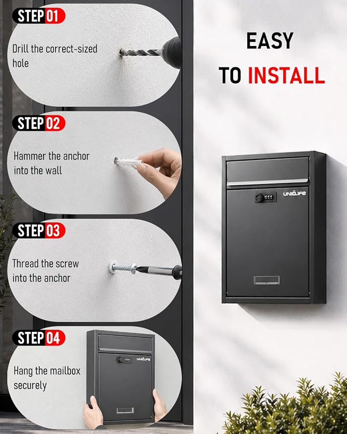 Uniclife Wall Mount Mailbox for Outside, Large Locking Mailbox with Combination Lock, Security Mail Box for House, Safe Key Drop Box, Post Box, Steel Cash Drop Box for Home Office School, Black