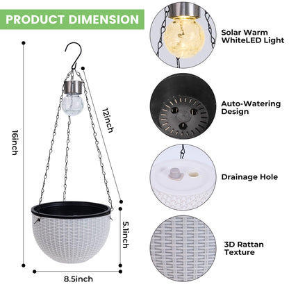 ZUIAOYIBOU Hanging Pots for Plants Outdoor - 2 Pack White Artificial Rattan Solar Flower Baskets with Drainage Holes & Removable Tray, Garden Gifts for Women/Mothers, Porch, Balcony Decor