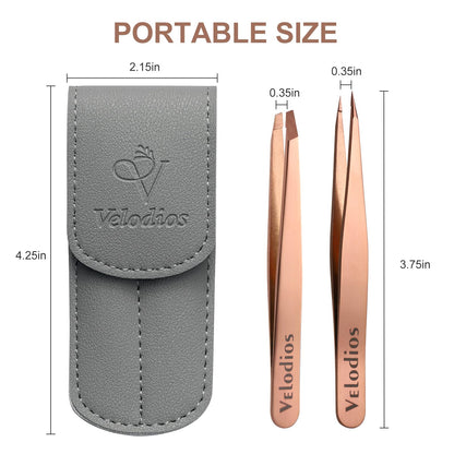 Velodios 2-Pack Precision Tweezers for Eyebrows, Facial Hair, Ingrown Hair Removal, Professional Stainless Steel Eyebrow Tweezers for Women and Men, Tweezer Set with PU Travel Case