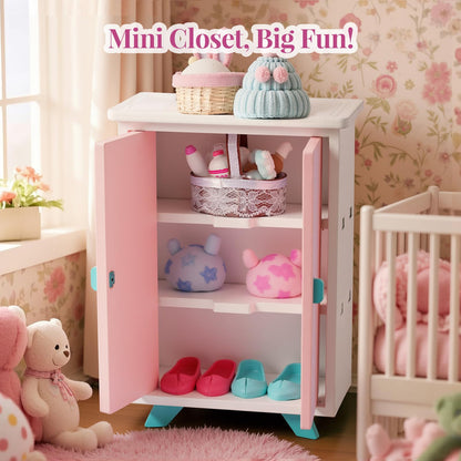 BABESIDE Mini Dollhouse Bedroom Furniture Set,7 PCS Pink Wooden Doll House Accessories for 3 Inch Dolls with Bed, Nightstands, Wardrobe, Pillows & Mattress – Gift for Girls, Kids Miniature Room Toy