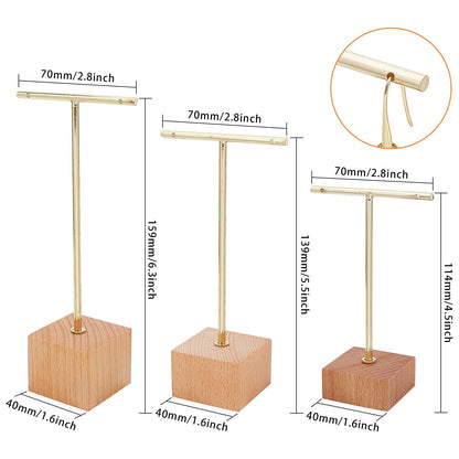 FINGERINSPIRE 3 Pcs Gold Metal T Bar Earring Display Stand 6.3/5.5/4.5 Inch Height Jewelry Stand with Wooden Square Base Earring Hanging Holders Jewelry Organizer for Store Retail Photography Props