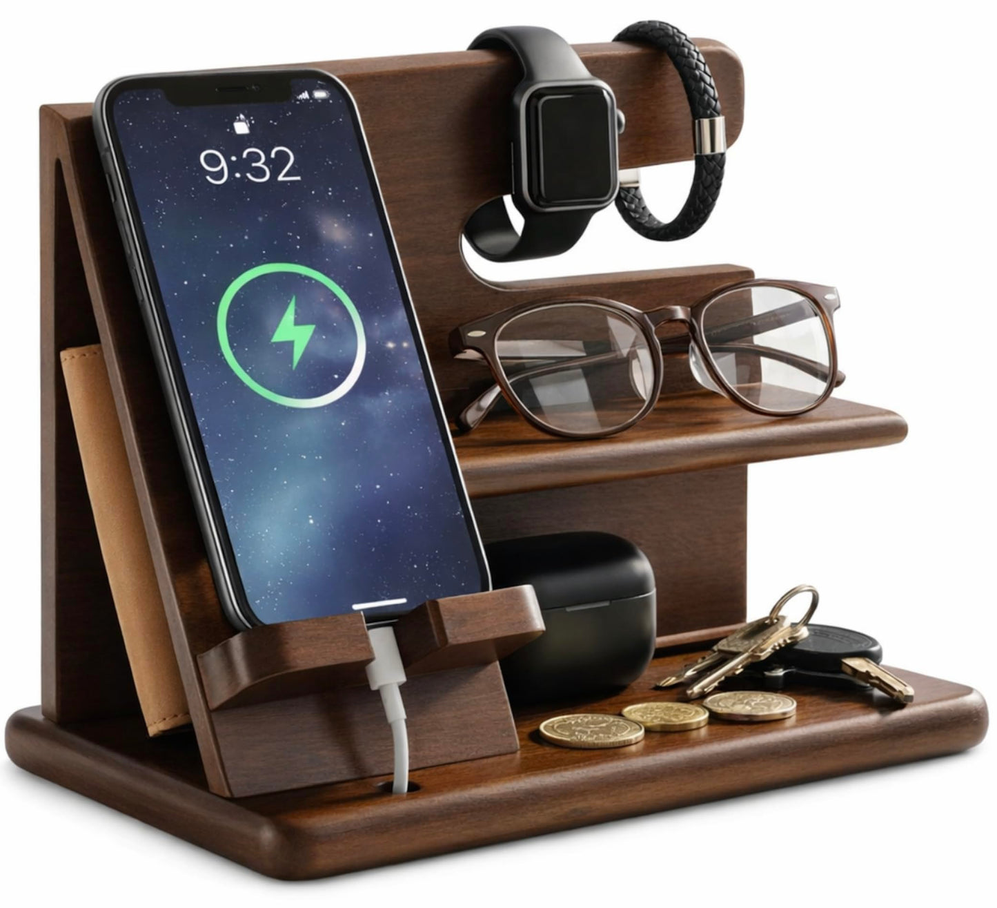 Wood Phone Docking Station for Men - 360° Rotating Nightstand Organizer with Rotating base, Charging Slot, Holds watch, Wallet, Keys, Eyewear - Birthday Gifts for Men & Women, Bedroom or Office Use, Dark Brown