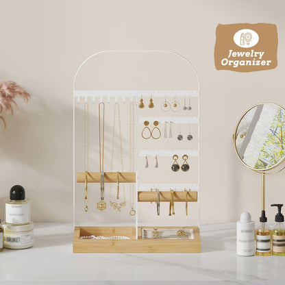 BMOSU Jewelry Organizer Stand with Velvet Ring Holder 2 Bracelet Holder Display 4 Tier Jewelry Rack with 8 Necklace Hooks and 48 Earring Holes Organizer Storage Wooden Box White