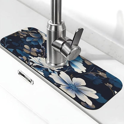 Blue flowers Kitchen sink faucet pad, strong water absorption, anti slip