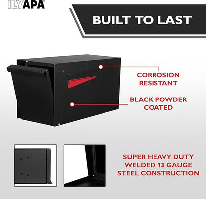 Ilyapa Indestructible Heavy Duty Modern Mailboxes for Outside Post Mount - 21x10x 8 Inch Large Mailbox, Black Heavy Gauge Metal Mail Box - Mail Boxes for House Outside, Rural, Residential or Curbside