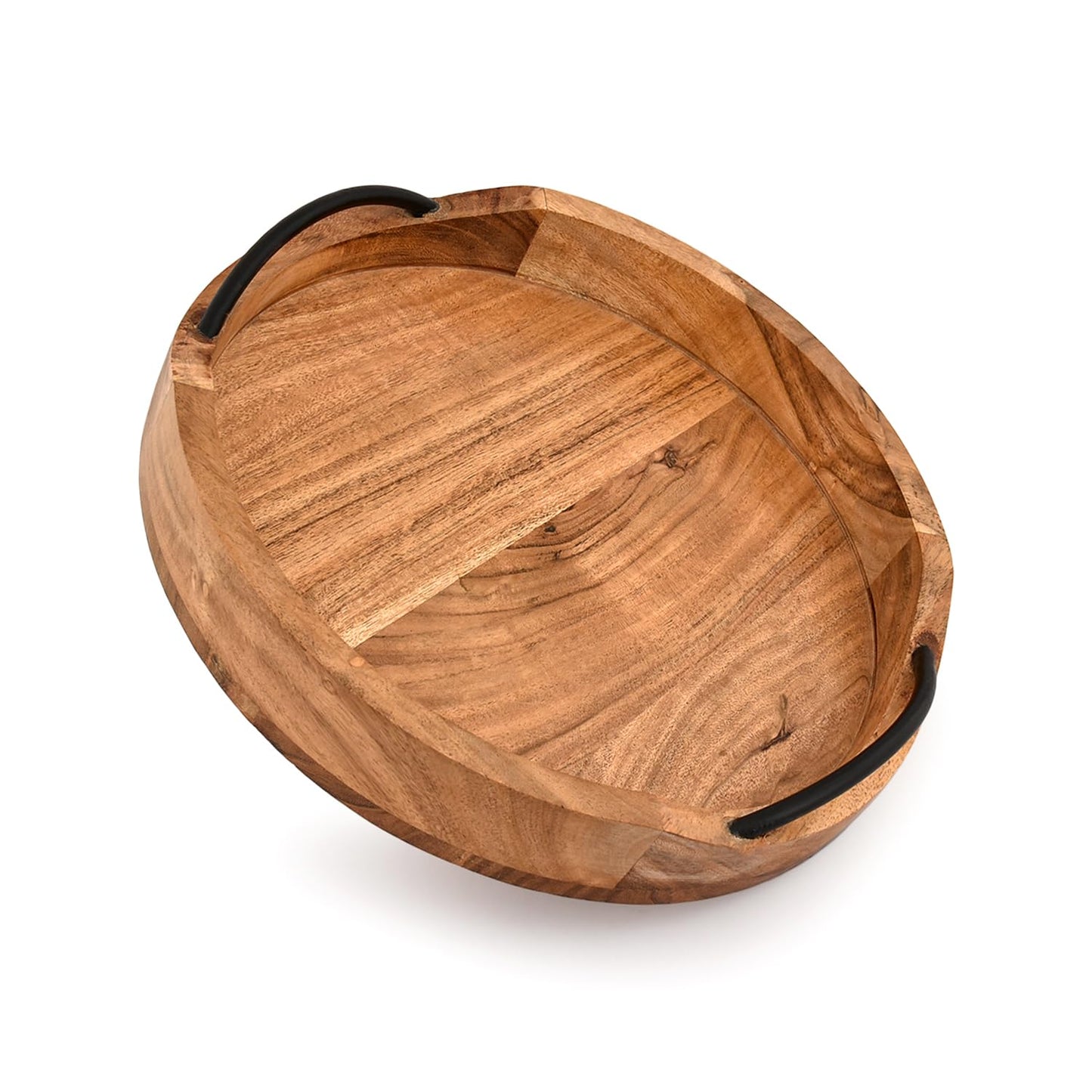 BHAVATU Serving Tray Acacia Wood for Serving Tea, Breakfast in Bed, Living Room Tray Rustic with Farmhouse Style, Decorative Handle (12" x 12" x 1.6")