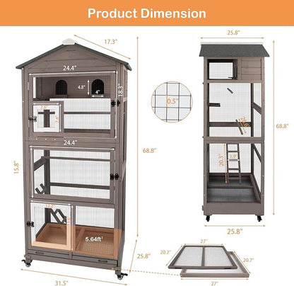 Gowoodhut 68.8"L Outdoor Bird Aviary Indoor Wooden Large Bird Cage Parakeet Cage on Wheels,Removable Wire Netting Slide Pull Out Tray, 2 Perches, Nest House,Ideal for Small Birds,Finches,Parrots,Grey