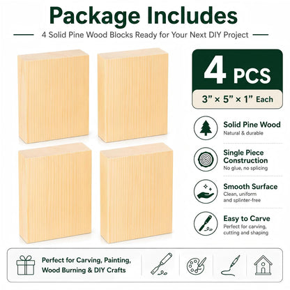 Unfinished Wood Blocks for Crafting, 3X5X1 Inch Wood Carving Blocks, 4 Pcs Solid Pine Wood Blocks for Craft DIY Wood Carving Painting Wall Decorations for Beginners and Adults