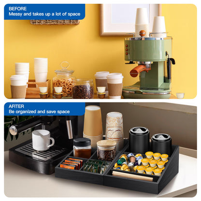 MINCORD Coffee Station Organizer Coffee Condiment Service Tray with 9 Compartment for Counter, Wood Coffee Bar Supplies Organizer for Home Office Breakroom Two-in-One Black
