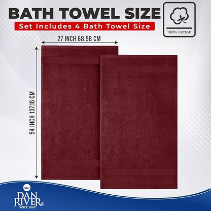 DAN RIVER Bath Towels Set of 4, 27 x 54 Inches, 100% Cotton, Larger & Lighter