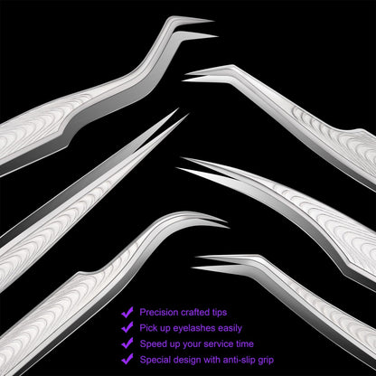 Lash Tweezers for Lash Extensions, High Precision Eyelash Tweezers Set for Individual Classic and Volume Lashes, Professional Lash Extension Tweezer Set for Lash Artists (Pack of 6, Sliver)
