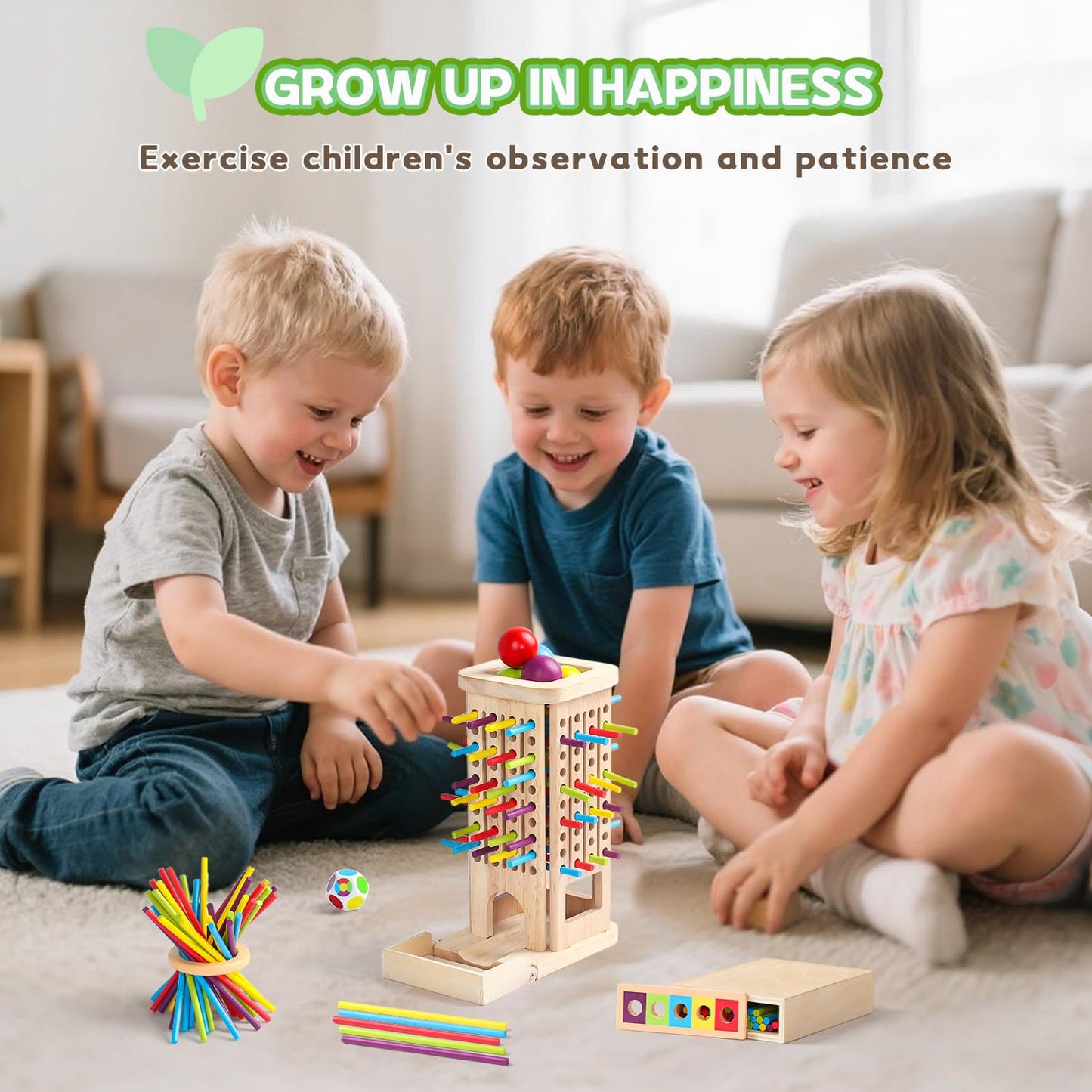 Montessori Toys for 3 Year Old, Wooden Board Game Pick Up Sticks Ball Drop