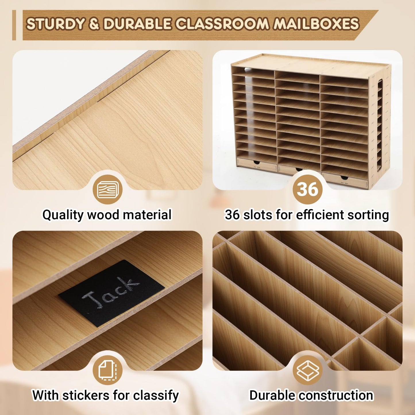 Colingmill Classroom Mailboxes Wooden Teacher Student Mailboxes for Classroom Literature Paper Organizer Compartments with Drawers, Sturdy Ease Setup for Home Office School(36 Slots)