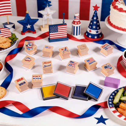 HOWAF USA Patriotic Wooden Rubber Stamps Set, 12pcs 4th of July Stamps Ink Pads for Independence Day DIY Crafts, 250 Years of Freedom Party Favors American Flag Inking Stamp Rubber Stamp