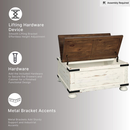 Signature Design by Ashley Wystfield Farmhouse Coffee Table with Storage, Hinged Lift Top, Wood, 36" W x 36" D x 18" H, Distressed White