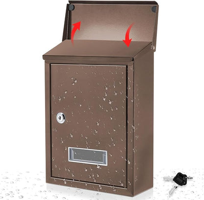 Amylove Weatherproof Mail Boxes with Key Lock, Security Locking Wall Mount Metal Mailbox with Slot for Outside, Large Capacity for Mail, Packages, Donations, Voting 11.8 H x 8.3 L x 2.8 W, Brown