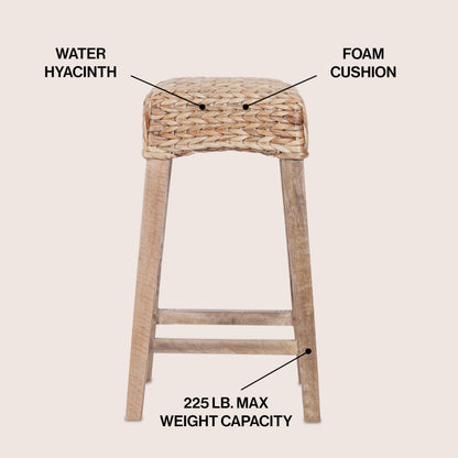 JONATHAN Y Maui Coastal Woven Water Hyacinth Counter Stool, Mango Wood Frame, 26" Backless Counter Stool for Kitchen Island with Integrated Footrest, Fully Assembled, Coastal, Natural CSL1101B