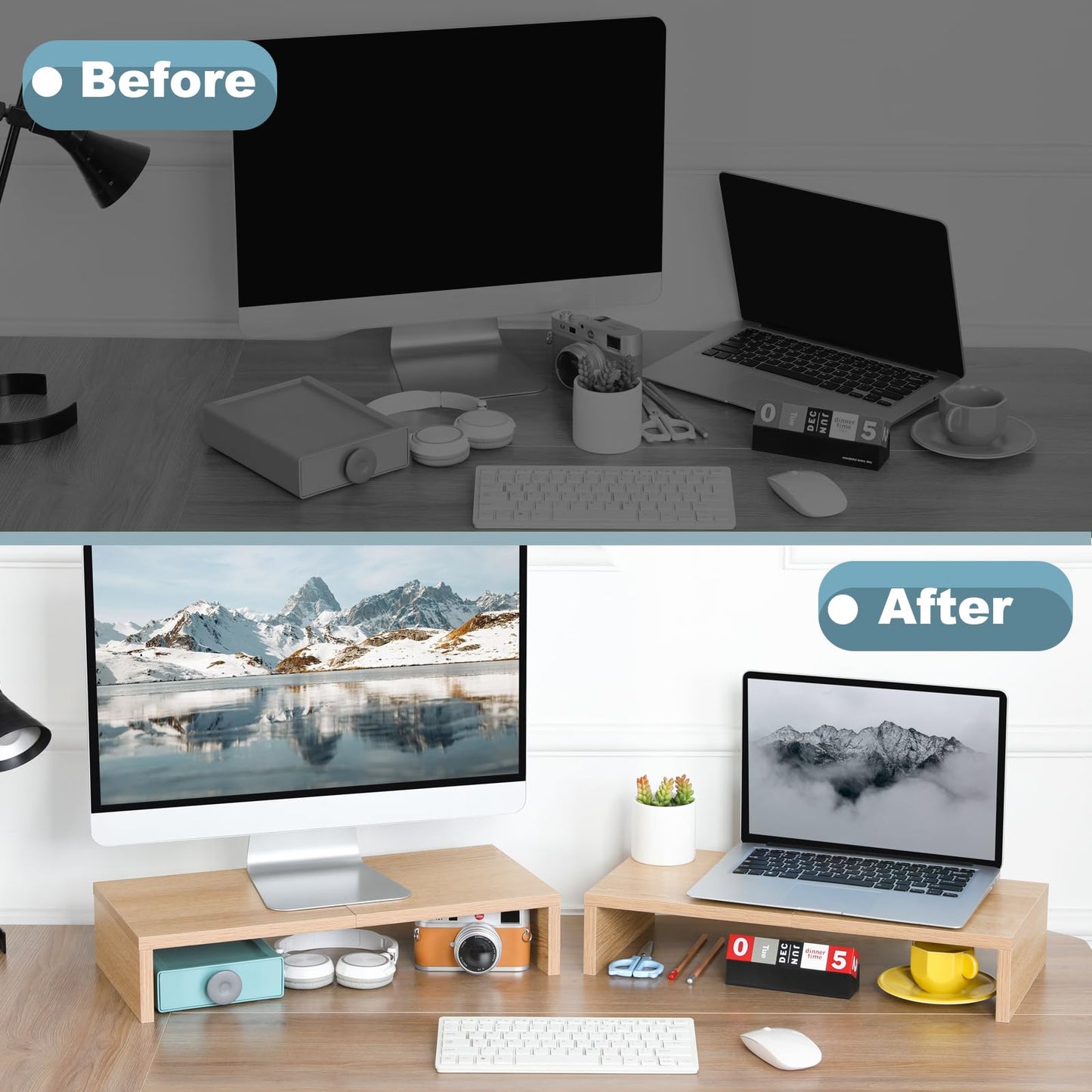 TEAMIX 2 Pack Monitor Stand Riser-20 inch, Wooden Desktop Riser for TV/PC/Laptop/Printer, Cozy Monitor Riser with Storage, Computer Stand Space-Saving