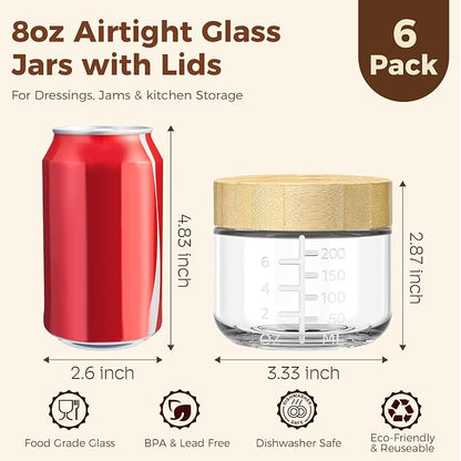 8oz Glass Jars with Airtight Lids - 6 Pack Overnight Oats Containers with Bamboo Lids, Small Food Containers with Measurement for Yogurt, Salad, Chia, Wide Mouth Mason Jar with Lid for Food Storage