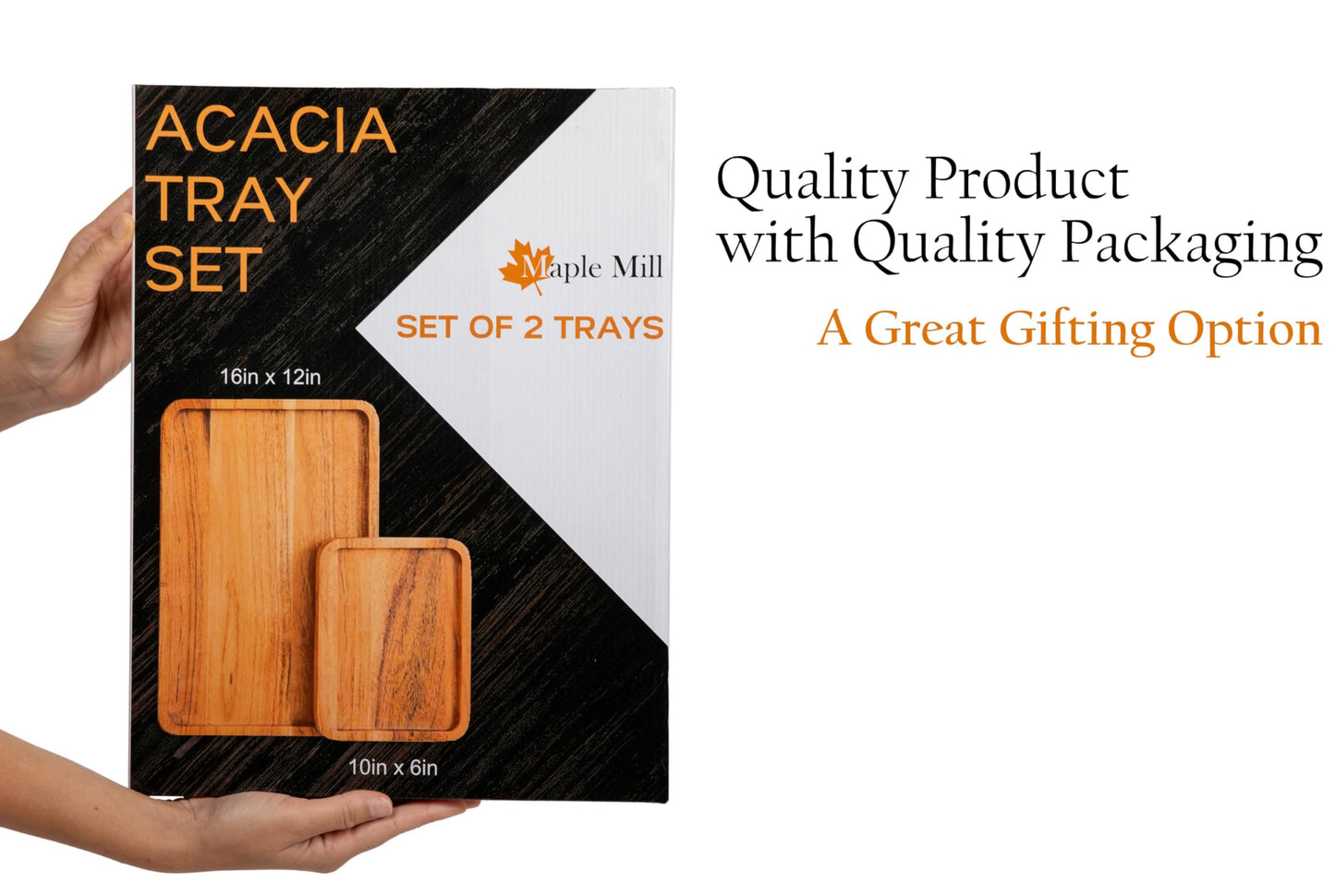 Maple Mill - Acacia Rectangle Wooden Tray - 2 Sizes 16" X 12" and 10" X 6" - Food Safe Serving Tray - Large & Small Wooden Trays Combination - Durable Wood Display Tray for Coffee Party or Home Decor