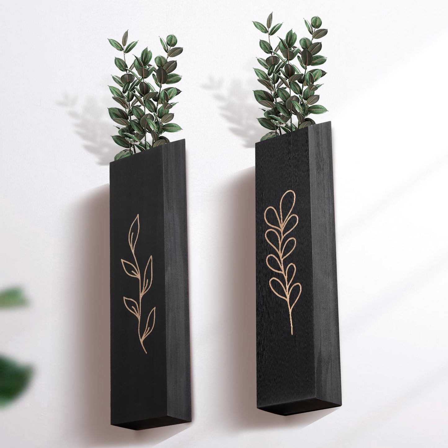 BOTOP Wood Wall Planter, Farmhouse 4 Pack Indoor Pocket Wall Vases Decor for Living Room Bedroom Dried Flowers Faux Greenery Plants (Black)