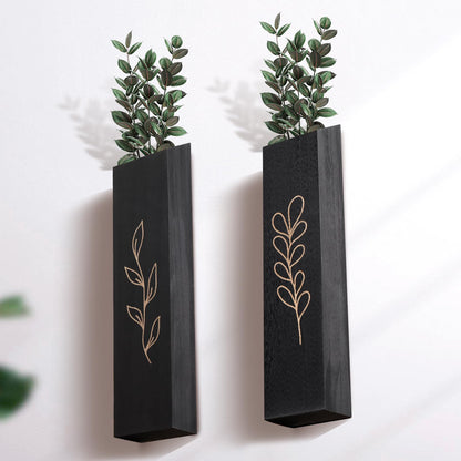 BOTOP Wood Wall Planter, Farmhouse 4 Pack Indoor Pocket Wall Vases Decor for Living Room Bedroom Dried Flowers Faux Greenery Plants (Black)