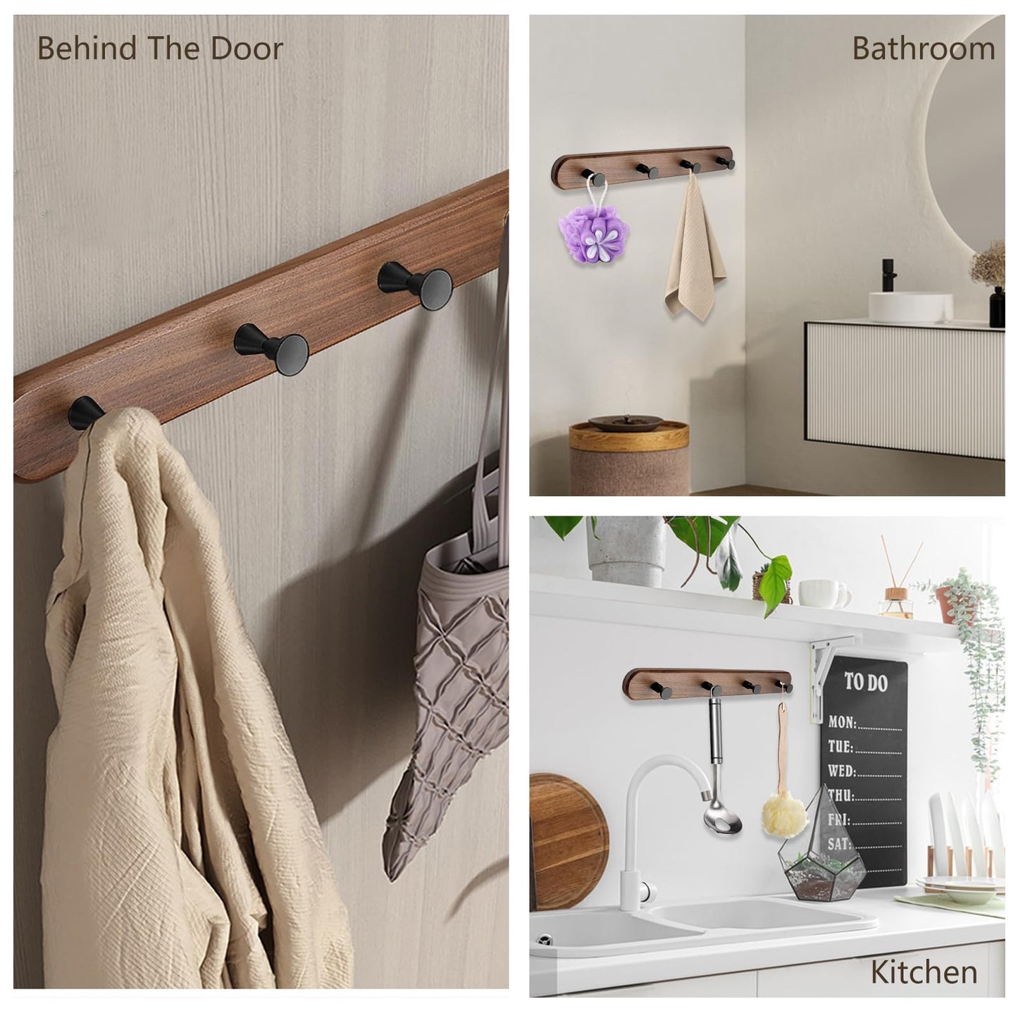 Beciway 15.7 Inch Walnut Wood Wall Mounted Coat Rack with 4 Black Hooks – Modern Wooden Hook Rail for Entryway, Bathroom, Bedroom, Kitchen – Wall Hook for Coats, Hats, Bags, Keys, Towels, Jackets