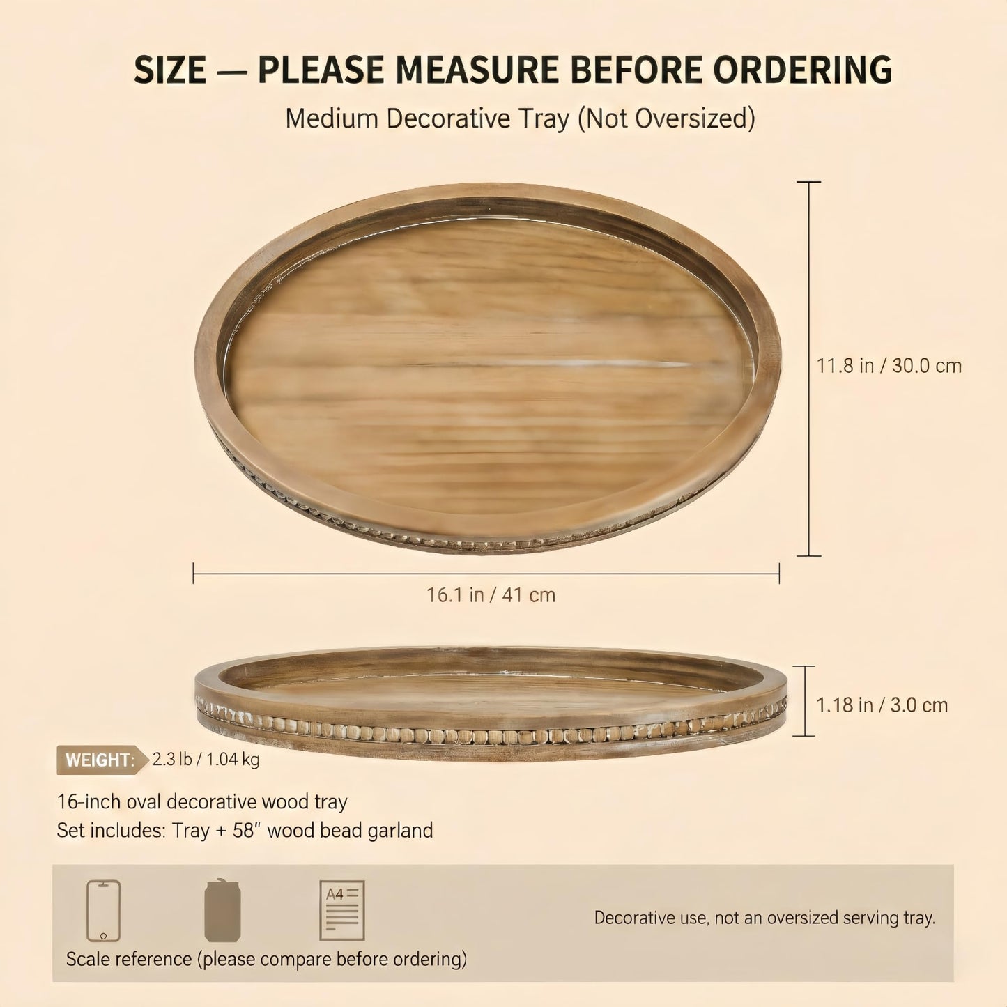 16" x 11.8" Oval Wood Decorative Tray with 58" Bead Garland, Farmhouse Coffee Table & Kitchen Island Décor, Rustic Brown Entryway Console Tray for Styling, Candles & Small Items