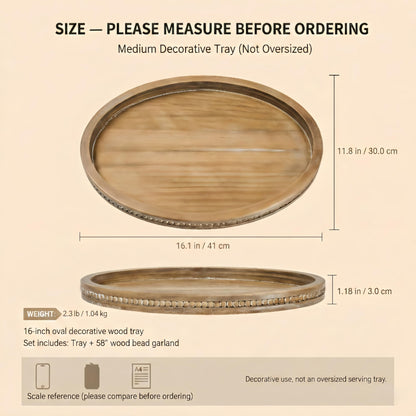 16" x 11.8" Oval Wood Decorative Tray with 58" Bead Garland, Farmhouse Coffee Table & Kitchen Island Décor, Rustic Brown Entryway Console Tray for Styling, Candles & Small Items