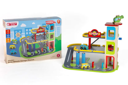 Jasey's Toy Chest Wooden Busy Wheels Garage Playset | 3-Level Wooden Garage with Elevator, Car Wash, Gas Station & Helipad + 2 Cars & 1 Helicopter | for Toddlers Ages 3+