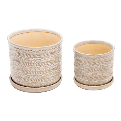 Sagebrook Home Set of 2 Stoneware Ceramic Planters with Saucers –Decorative Indoor & Outdoor Plant Pots – Modern Home & Garden Décor – Ivory & Tan Textured Tribal Design 6" & 8"