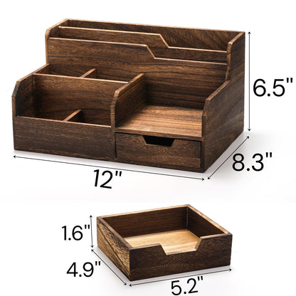Pumtus Brown Wooden Desk Organizer, Mail Organizer with 7 Compartments and Drawer, Rustic Mail Sorter with Pen Holder, Tabletop Mail Basket, Office Accessories Holder for File Letter Document