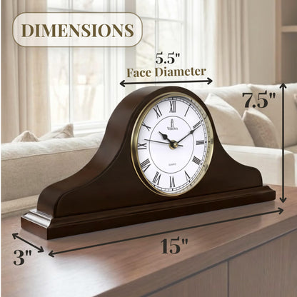 Mantel Clock Battery Operated - Wooden Mantle Clock 15x7.5 - Silent, Non-Chiming, Made of Solid Wood & Easy to Read - for Living Room Decor Above Fireplace, Office, Shelf, Table & Home Décor Gift
