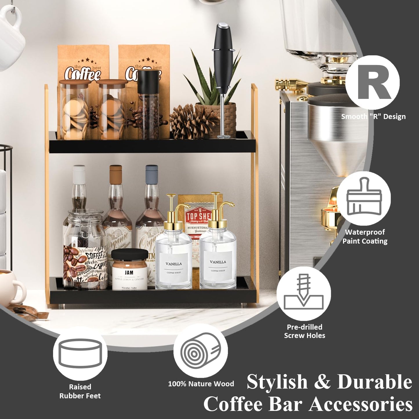 2087 Coffee Bar Accessories, Black Gold Coffee Station Organizer for Countertop Decor, 2 Tier Large Wooden CoffeeBar Shelf for Office, Breakroom, Bathroom