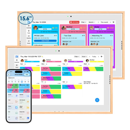 USIN 15.6 inch Wooden Digital Calendar, Wall Touch Screen Home Organizer, Family Chore Charts and Meal Planner, Interactive Display schedule, Desk and Wall Mounted, Smart Electronic Calendars with Free App