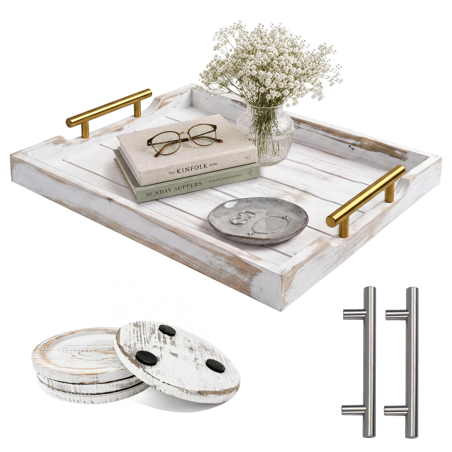 ComfyTune Wood Serving Tray with Metal Handles, 17x13in Large Wooden Tray for Ottoman, Coffee Table, Breakfast, Dinner & Bar, Decorative Tray for Living Room, Bedroom, Bathroom and Kitchen, Off-White