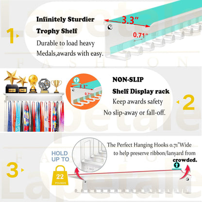Lapetale Fashion Non-Slip White Trophy Shelf - 16 Inch Medal Hanger Display for Wall with Upgraded Shelves for Trophies, Gymnastics, Soccer, Swim