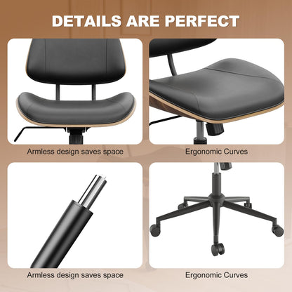 BERYTH Armless Office Chair with Wheels, PU Leather Adjustable Height Desk Chair - 360° Swivel Ergonomic Computer Chair for Small Space, Modern Walnut Style, Home & Meeting Room, Black