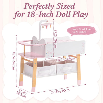ROBUD Wooden All-in-One Baby Doll Changing Table with Mattress, Removable Sink, 2 Fabric Drawers, Bed Bell, Doll Furniture with Realistic Details for Kids 3+, Fits Dolls Up to 20 in, Pink