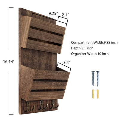 Unistyle Mail Organizer with 4 Hooks, Rustic Brown Wall Mount, Cedar Wood Key Holder for Letters, Magazines, Keys, Dog Leashes