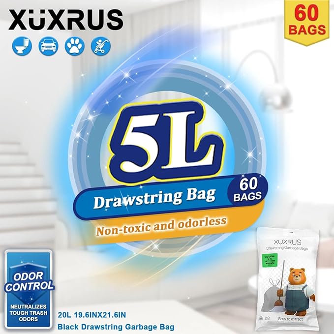 XUXRUS 1.5 Gallon Black Mini Trash Bags, Tear-Resistant, Easy Tear-Off