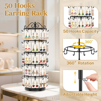 MODOWEY Earring Card Display Stand for Vendors, 50 Hooks Metal Rotating Organizer Rack Holder, 5 Tier Adjustable Jewelry Tree for Stud Pierced Dangle Selling, Boost Sales Compact Earing Hanger, Black
