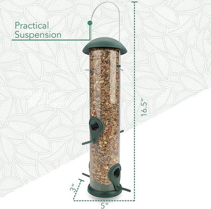 WILDLIFE FRIEND Green Grain Bird Feeder 12 Inches - With 4 Landing Spots for Birds - Hanging Bird Feeding Station - Grains Feeding Column - Wild Bird Feed Silo - Tube Bird Feeders for Outdoors Hanging