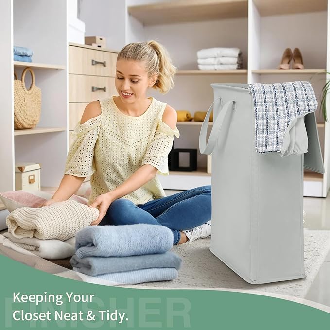 Slim Laundry Basket with Lid and Handles, Foldable Laundry Basket