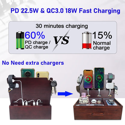 Nightstand Organizer with Drawer Built in 4 USB Charger, Wood Phone Docking Station with Dual Phone Charging Station for Apple Android Phones Anniversary Birthday Gifts for Men Dad Hunsband Mom