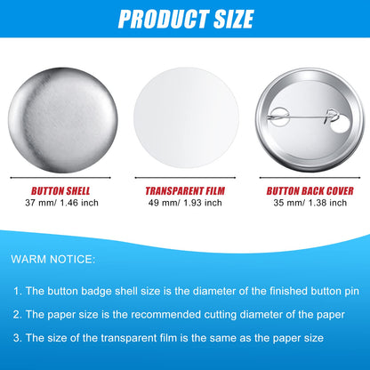 600 Pieces Blank Button Making Supplies Round Badge Parts Metal Pin Button Kit for Badge Make Machine, Including Metal Shells Back Cover and Clear Film(1.46 Inches)